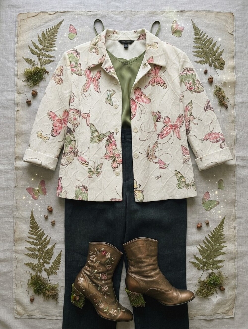 Alfred Dunner White Cream Butterfly Print Textured Button Up Jacket